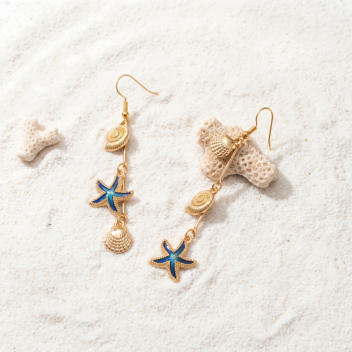 Women's Stylish Summer Drop Earrings, Starfish and Seashell Design